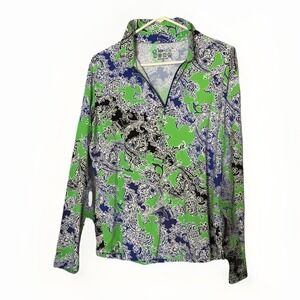 IBKUL Paisley Print Zip Top Womens XXL Blue Green UPF 50 Golf Cooling Resort‎